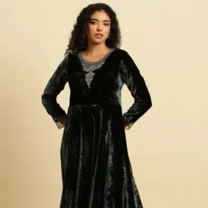 Green Velvet Embroidered Festive Dress