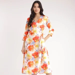 Floral Wrap Dress - Orange And Yellow